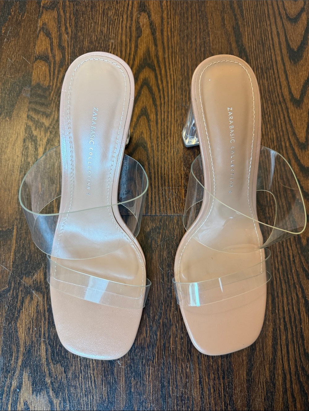 Zara Nude Block Heel Sandals with Clear Straps - Women - 3.5 inch heel - SIZE 10